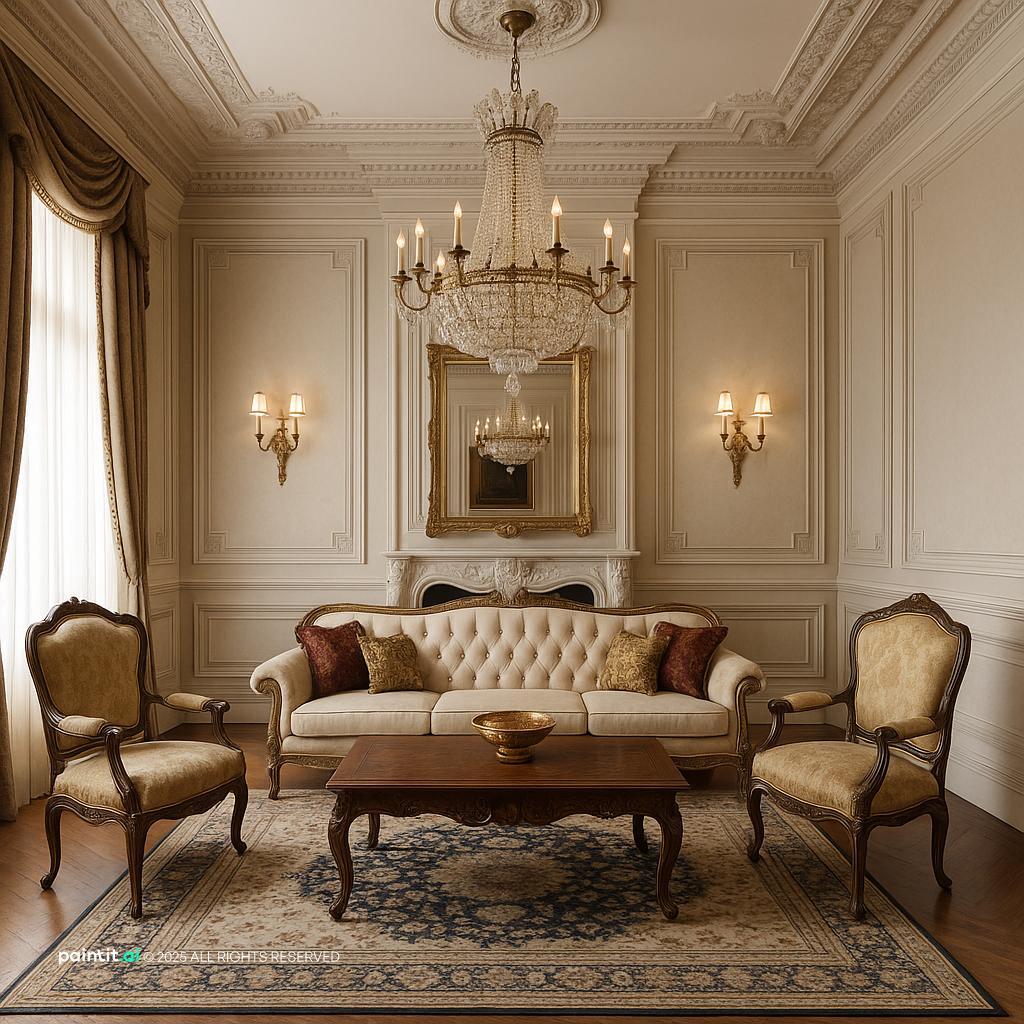 Elegant Neoclassical Living Room Design with wood and rug and a calm living room atmosphere.