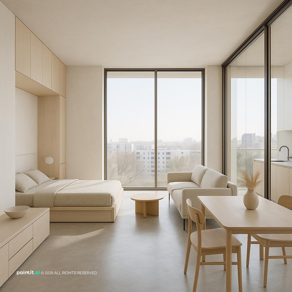 Small studio apartment with light colors and efficient zoning