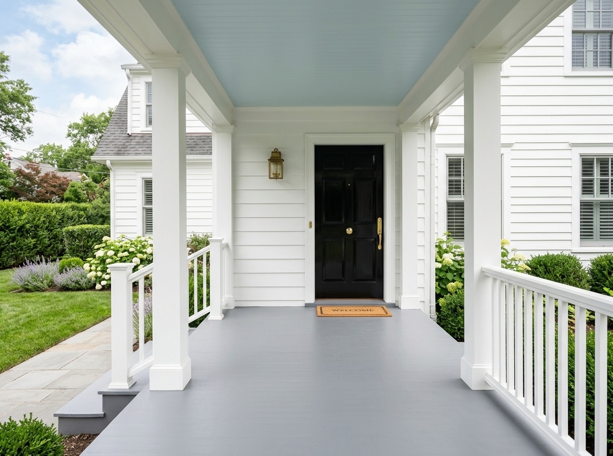 Freshly painted front porch with gray floor, haint blue ceiling,  white railings, and bold black front door for a unified transformation