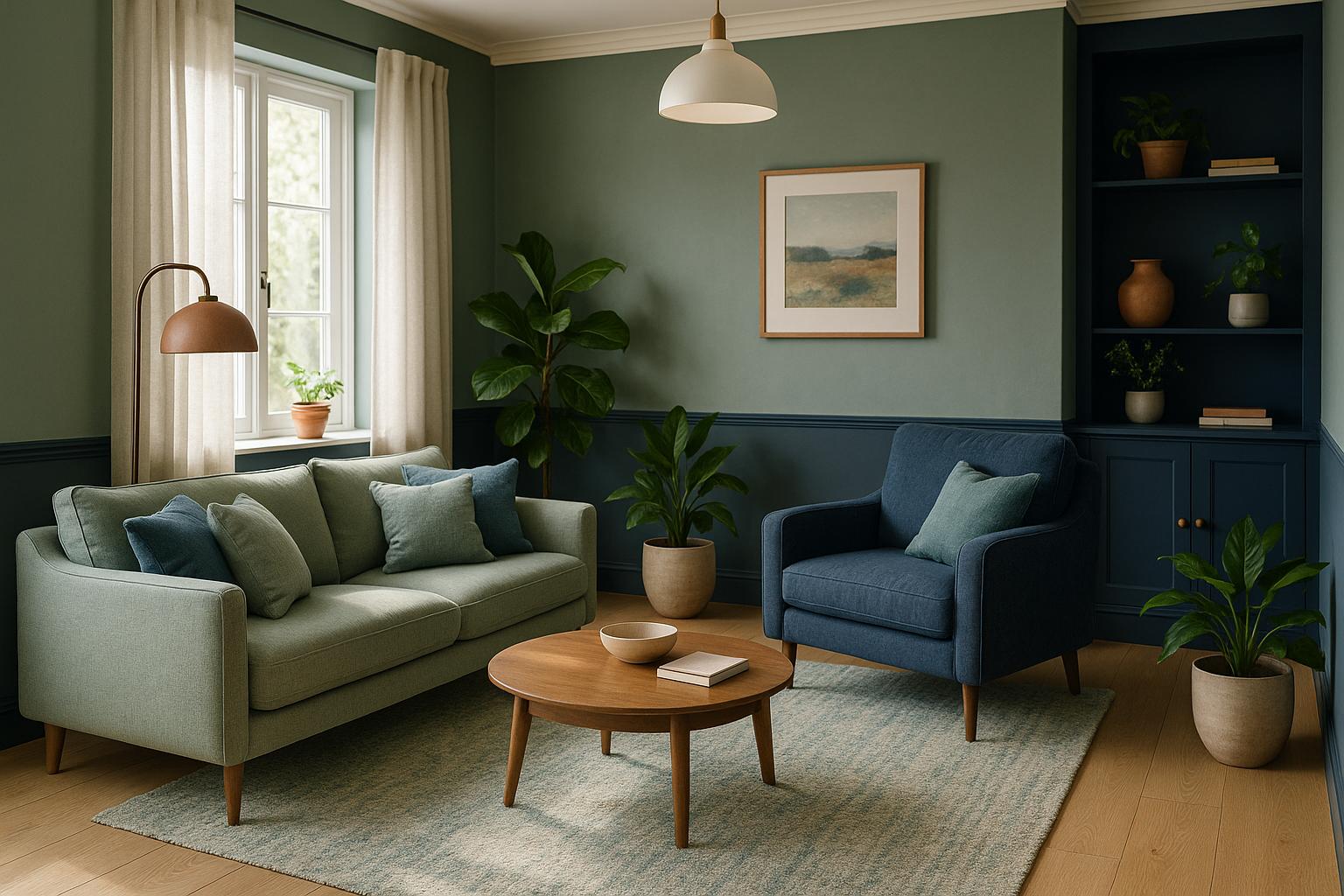 Navy Blue And Living Room Design with light oak and a calm living room atmosphere.