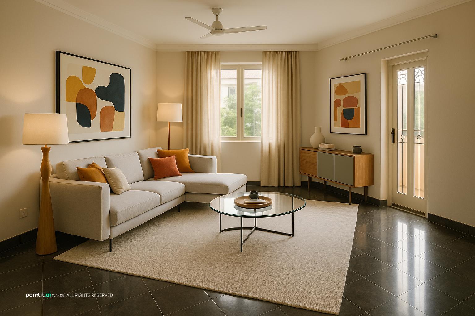 Living room with a beige sofa, orange cushions, a mid-century sideboard and abstract art