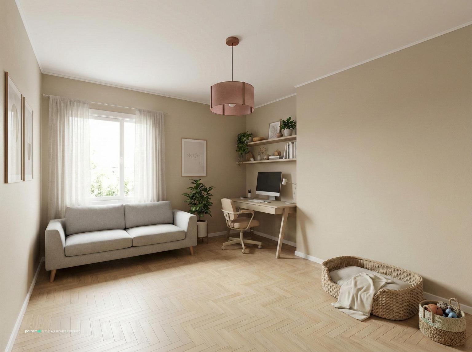 Nordic living room with sand-colored walls, a light sofa, a small desk and natural light