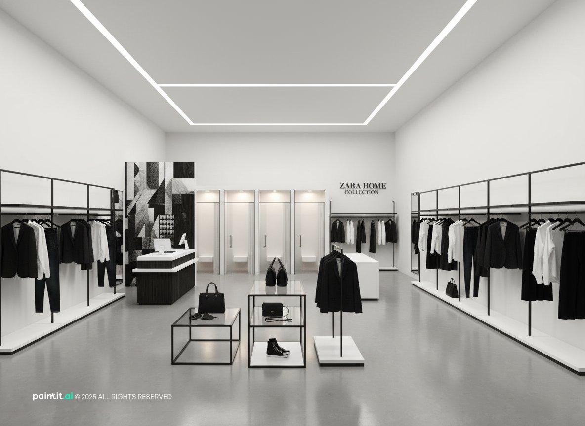 Minimal clothing shop in black and white with metal rails and low display plinths
