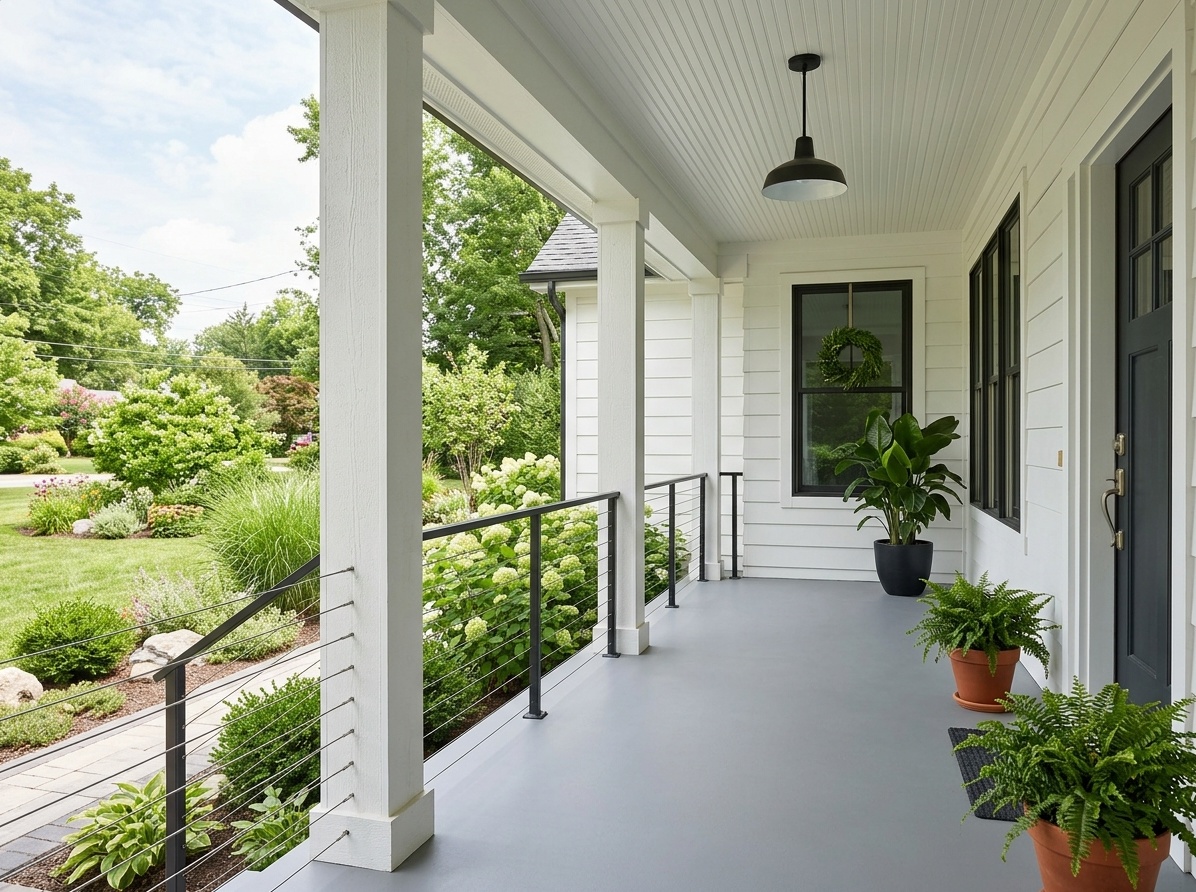 Front porch with modern horizontal cable railing system  replacing traditional balusters, slim dark metal posts and white columns