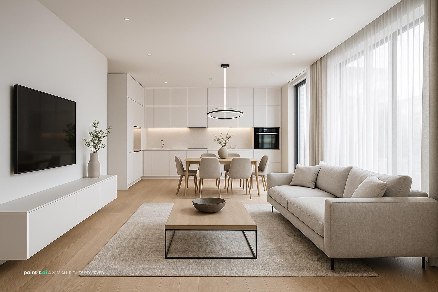 Open concept living room with kitchen and dining zone