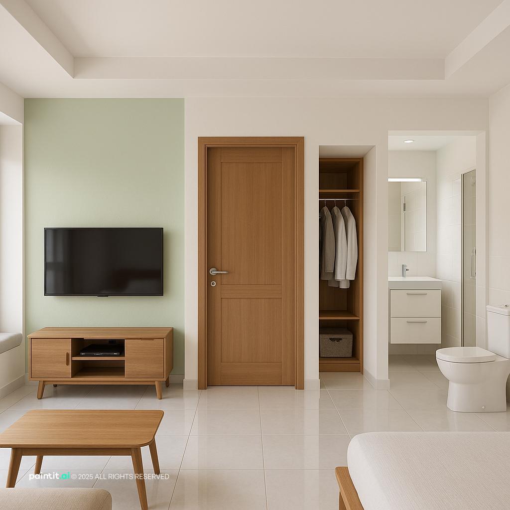 Contemporary Living Room and Bathroom Design with clean lines and a calm living room atmosphere.