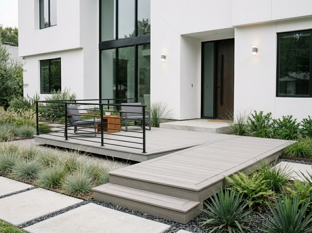 Modern front deck with horizontal composite boards and perpendicular walkway creating a subtle directional contrast