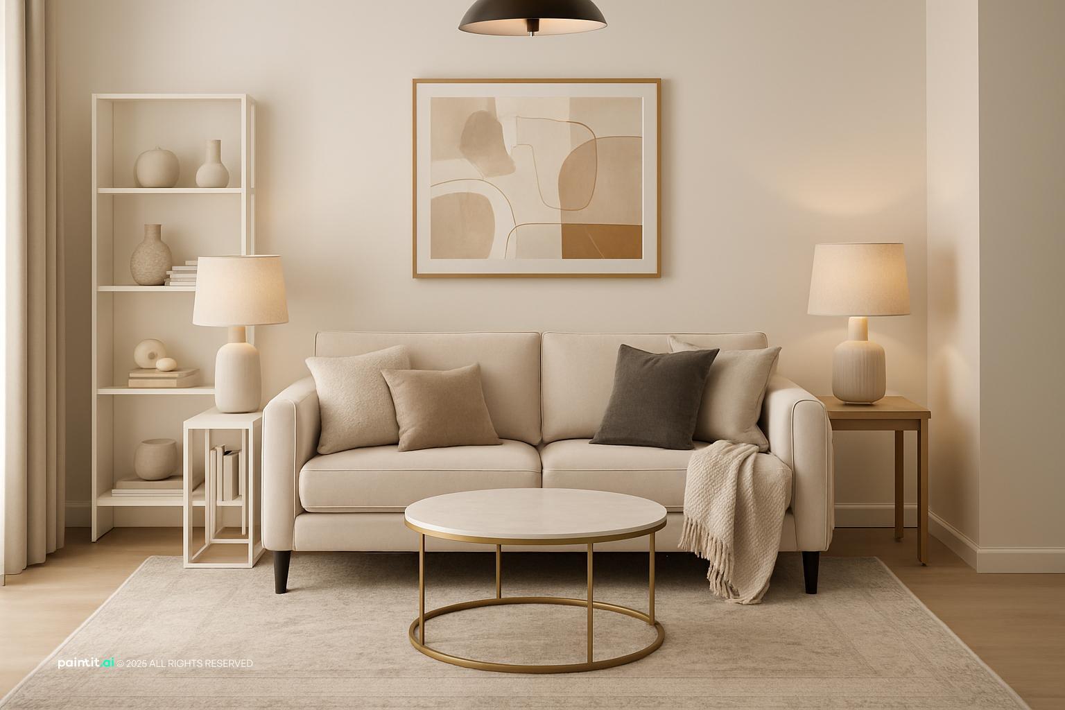 Living room with a cream sofa, grey and white cushions, open shelving and a gold coffee table