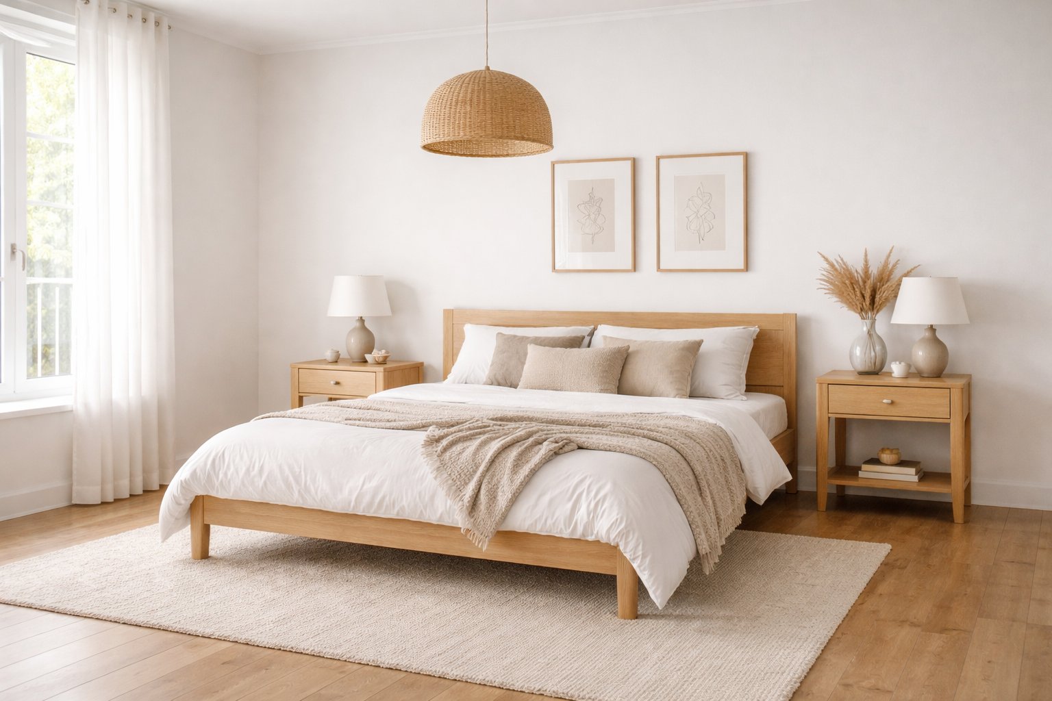 Empty room transformed into a minimal modern bedroom with furniture