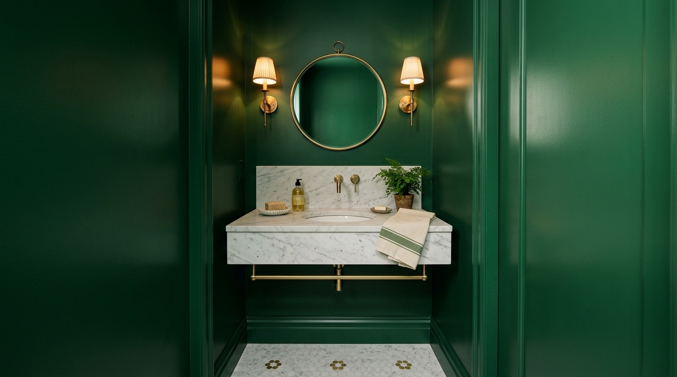 small powder room with deep green walls and trim painted the same color in satin finish