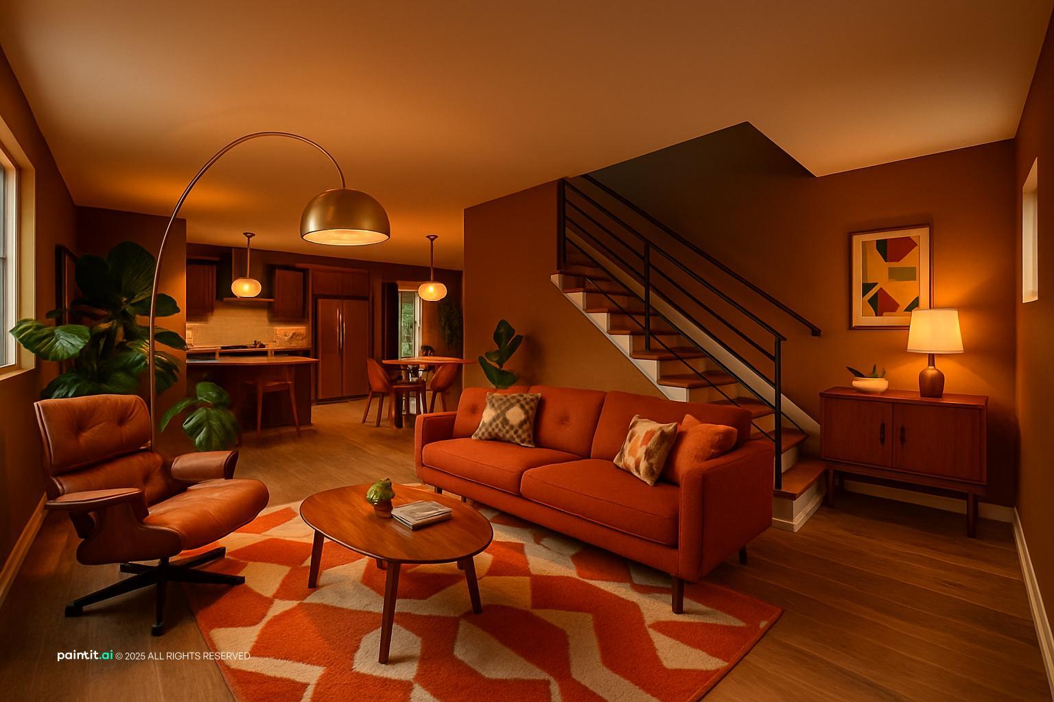 Earthy living room with a burnt orange sofa, a lounge chair and a zigzag rug