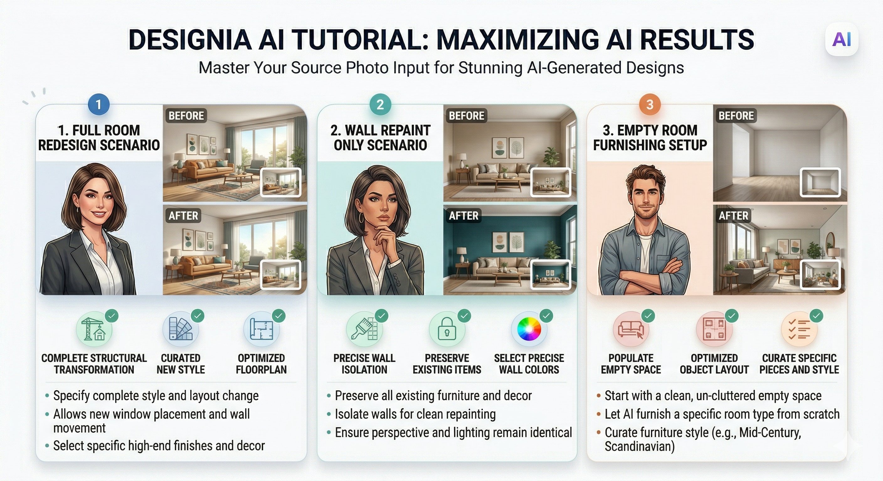 Three examples of Paintit.ai tasks: full redesign, repaint, and empty room setup