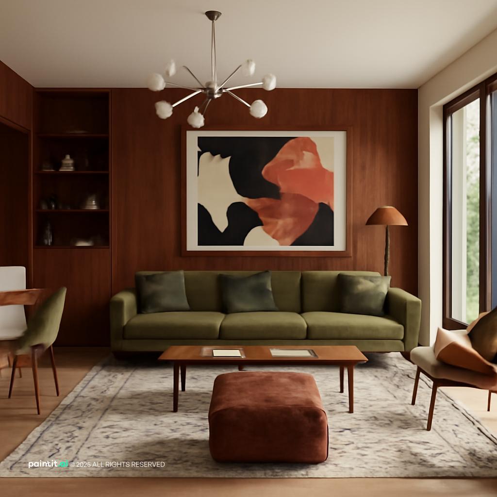 Mid century living room with an olive sofa, a large abstract painting and wood panelling