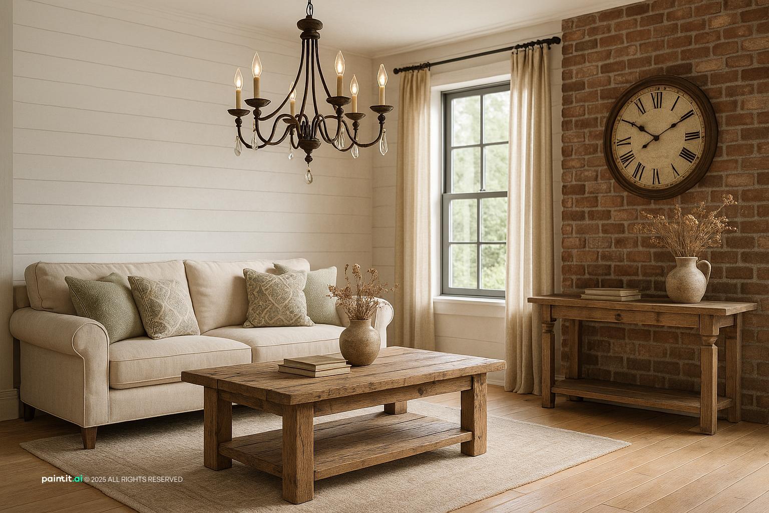Modern farmhouse living room with reclaimed wood furniture and shiplap wall detail