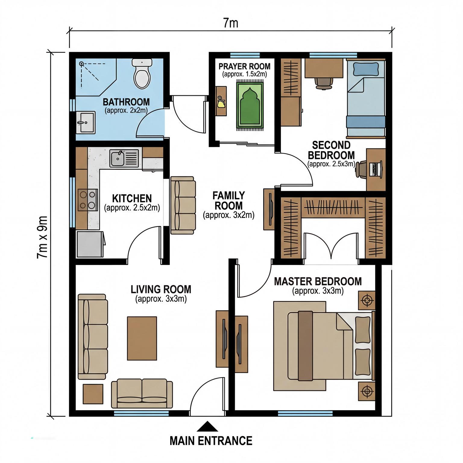 Charming 7x9 Meter House Layout Design for y2k living room ideas.