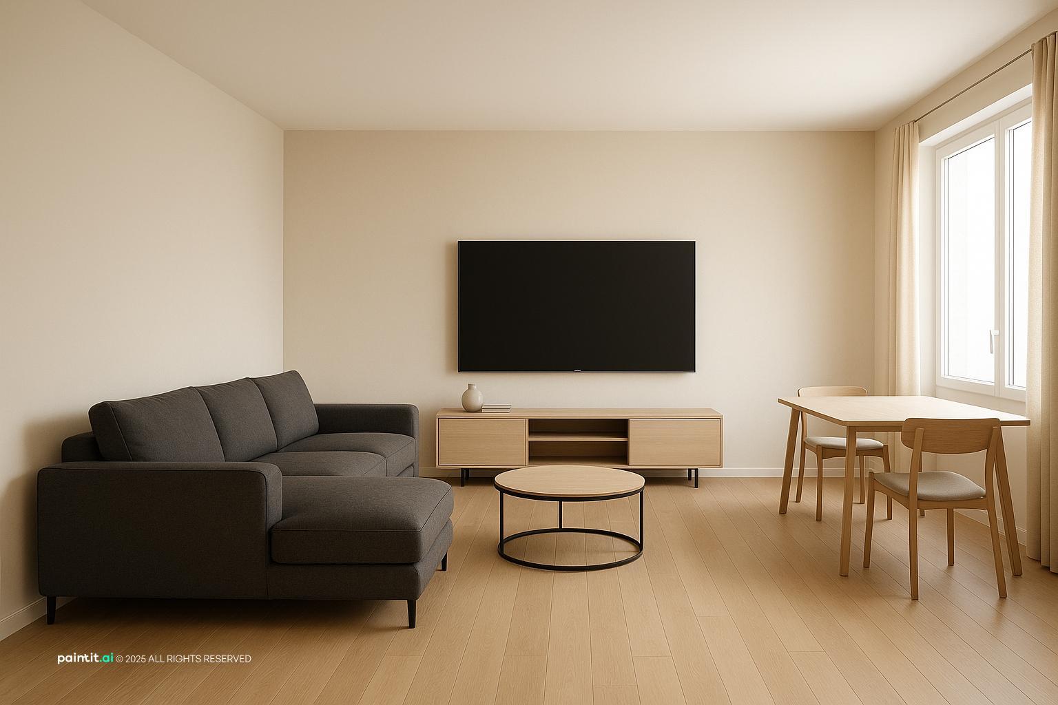 Modern Living Room Redesign showing black contrast, beige foundation, layered neutrals for Black and Beige Living Room Ideas.