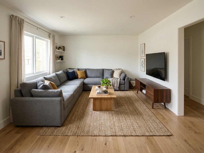 L-shaped living room with large sectional sofa placed in the corner unifying both legs of the L-shape into one cohesive conversation zone