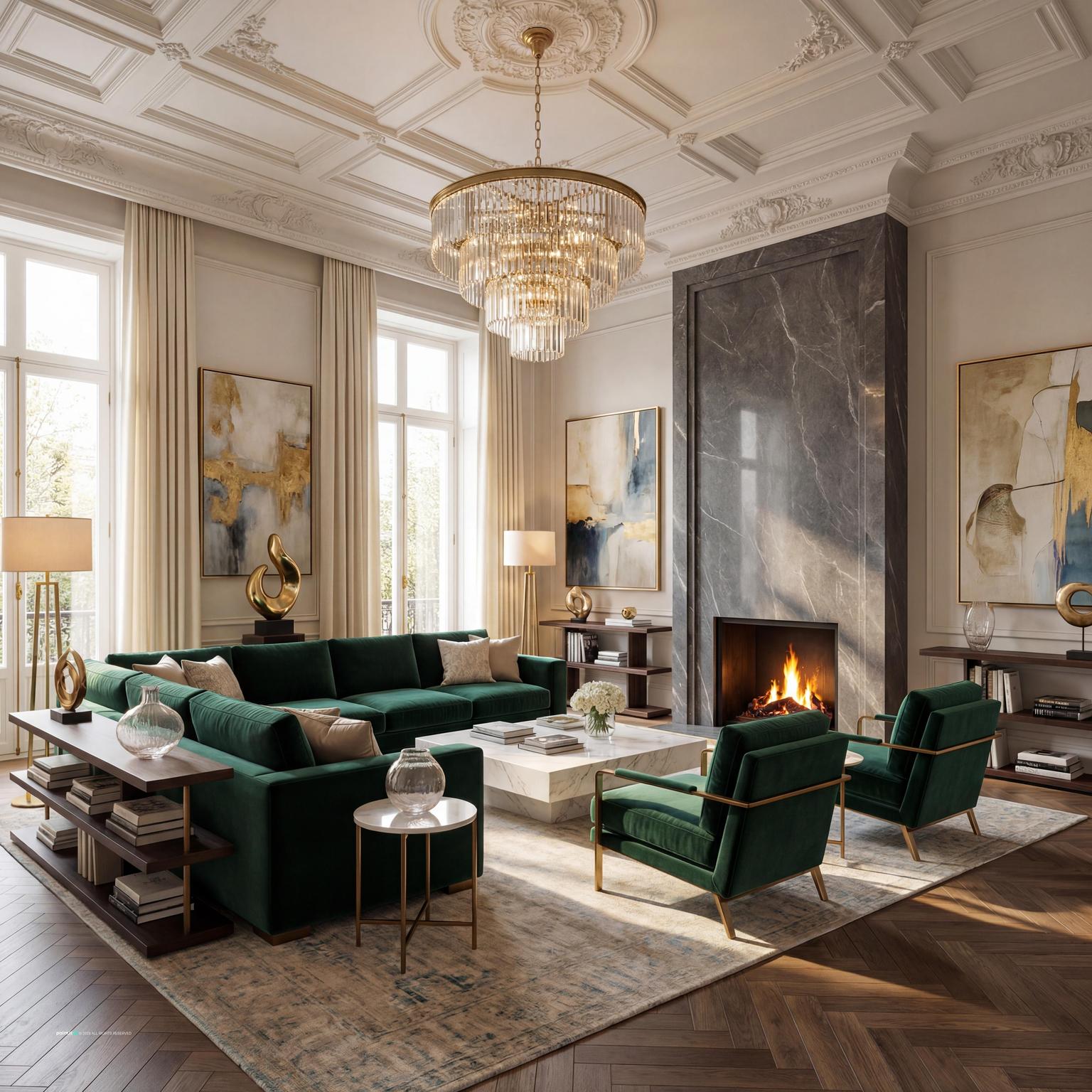 Luxury modern 80s inspired living room design, defined by opulent materials, plush furnishings, and a sophisticated, glamorous ambiance.