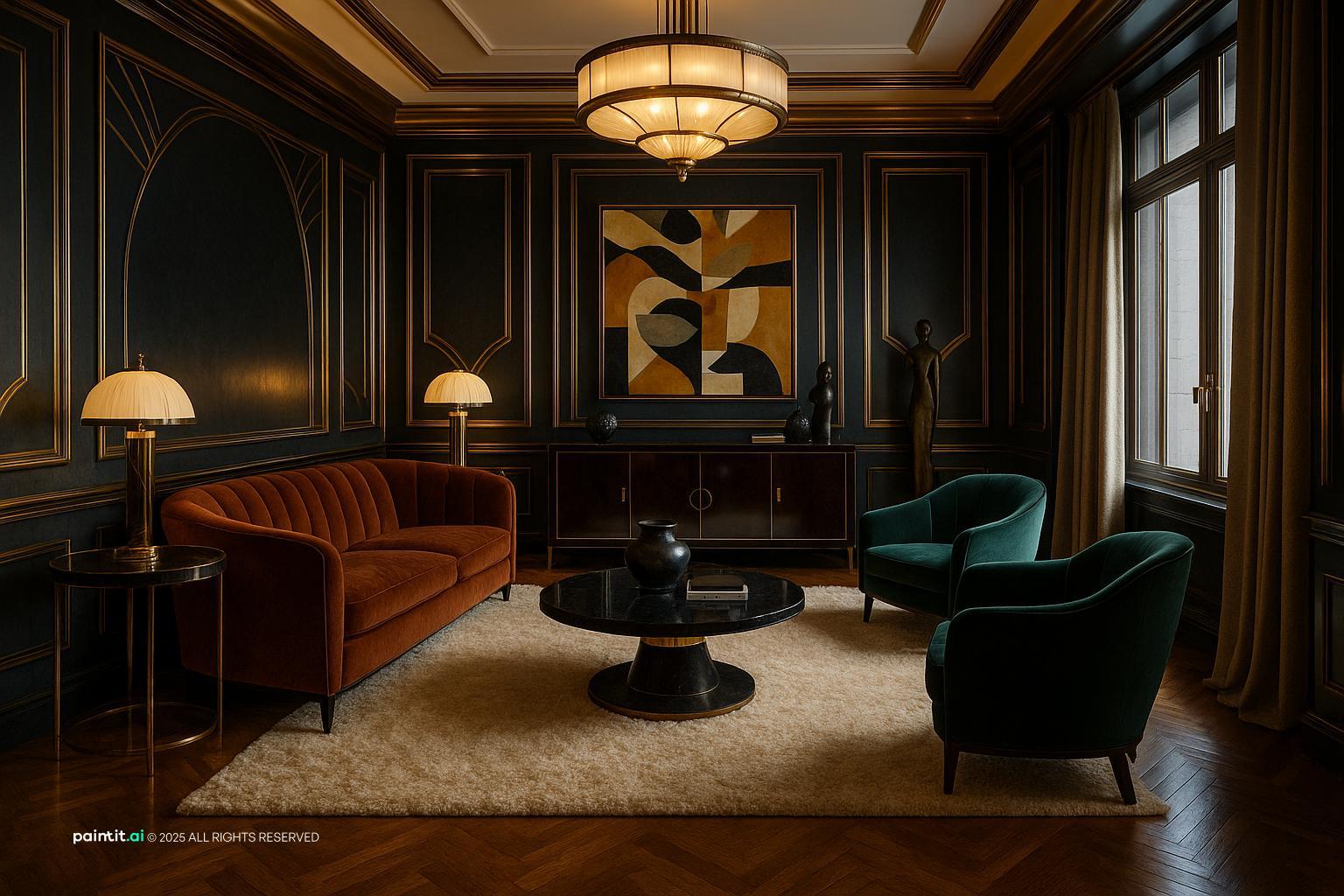 Elegant Art Deco Living Room Design with lighting and windows and a calm living room atmosphere.