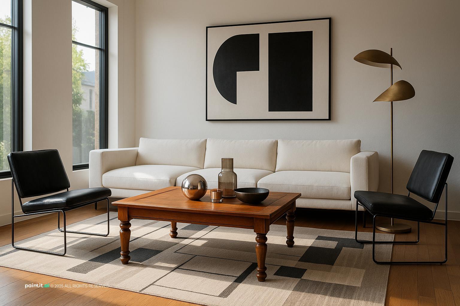 Bauhaus-style living room with a white sofa, black tubular chairs, a geometric black and white print and a low wooden table