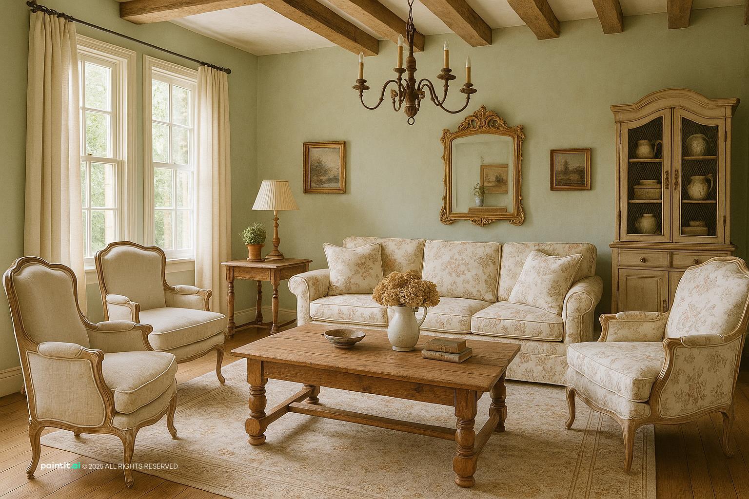French country living room with sage walls, a carved hutch, a gilded mirror and floral sofas