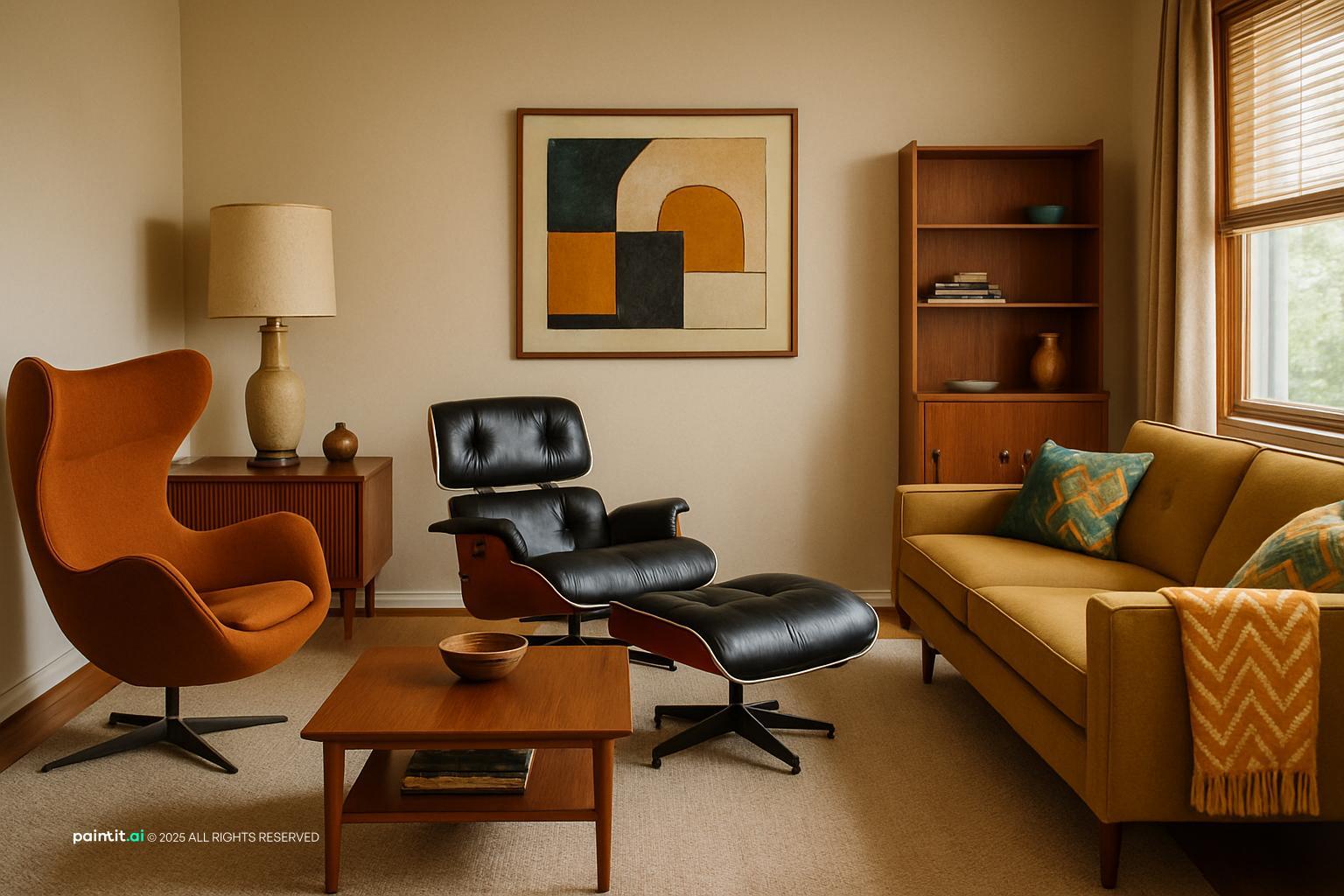Mid-century living room with an orange egg chair, a mustard sofa, a leather lounge chair and walnut furniture