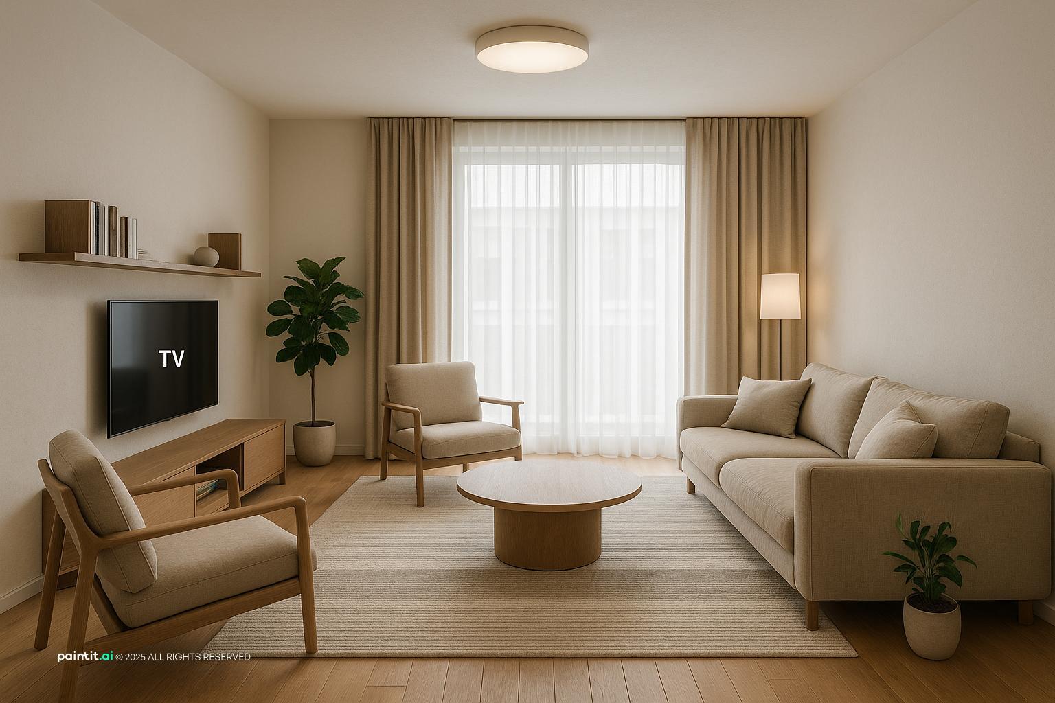 Stylish Modern Living Room Design with Warm Wood showing warm wood, layered neutrals, natural light for Neutral Living Room Ideas.