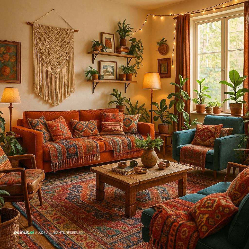 Vibrant Bohemian Living Room Design with Boho Texture showing boho texture, layered textiles, soft textiles for Boho Living Room Ideas.