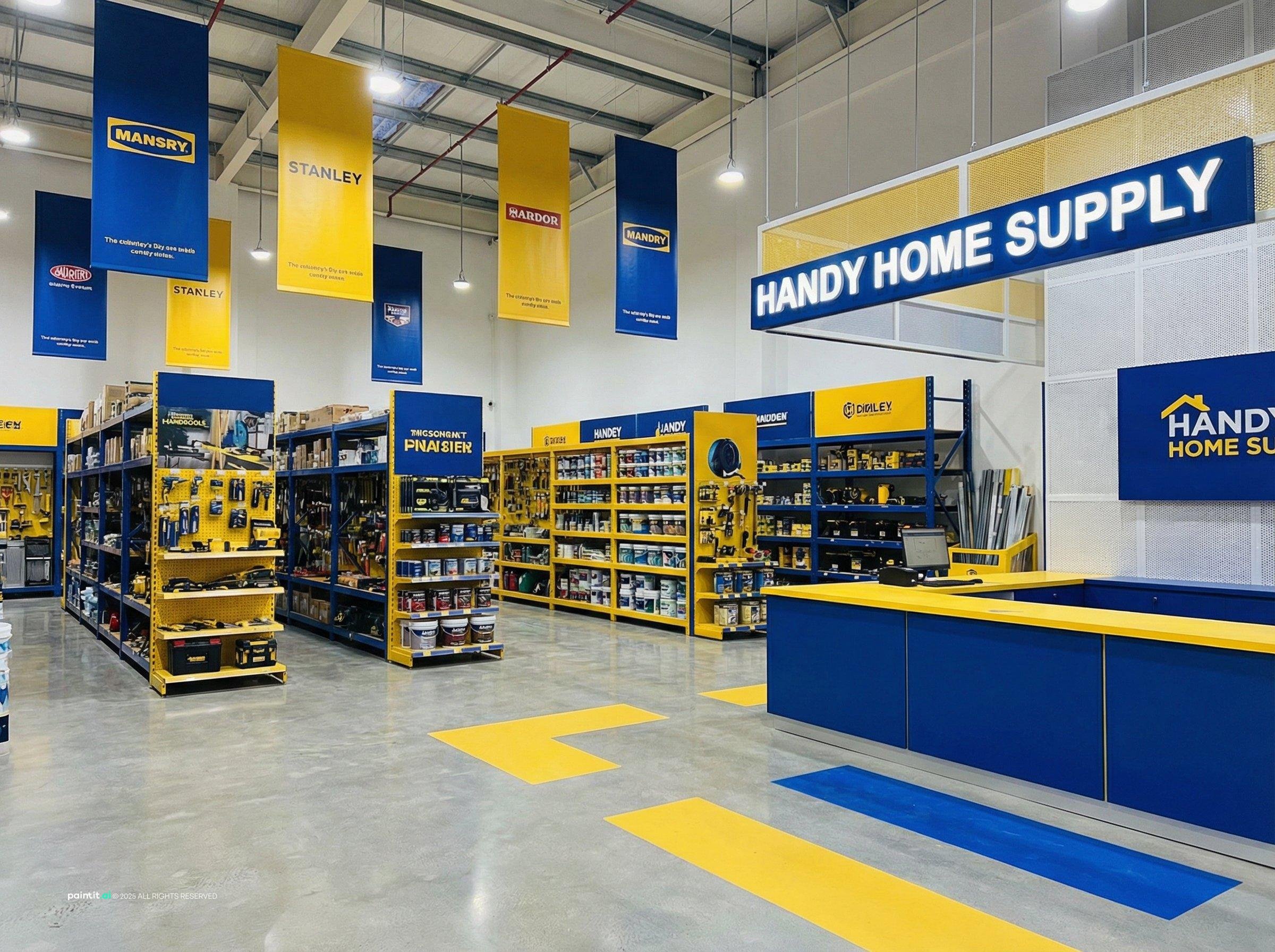 Hardware store with blue and yellow branding, long aisles and a service counter