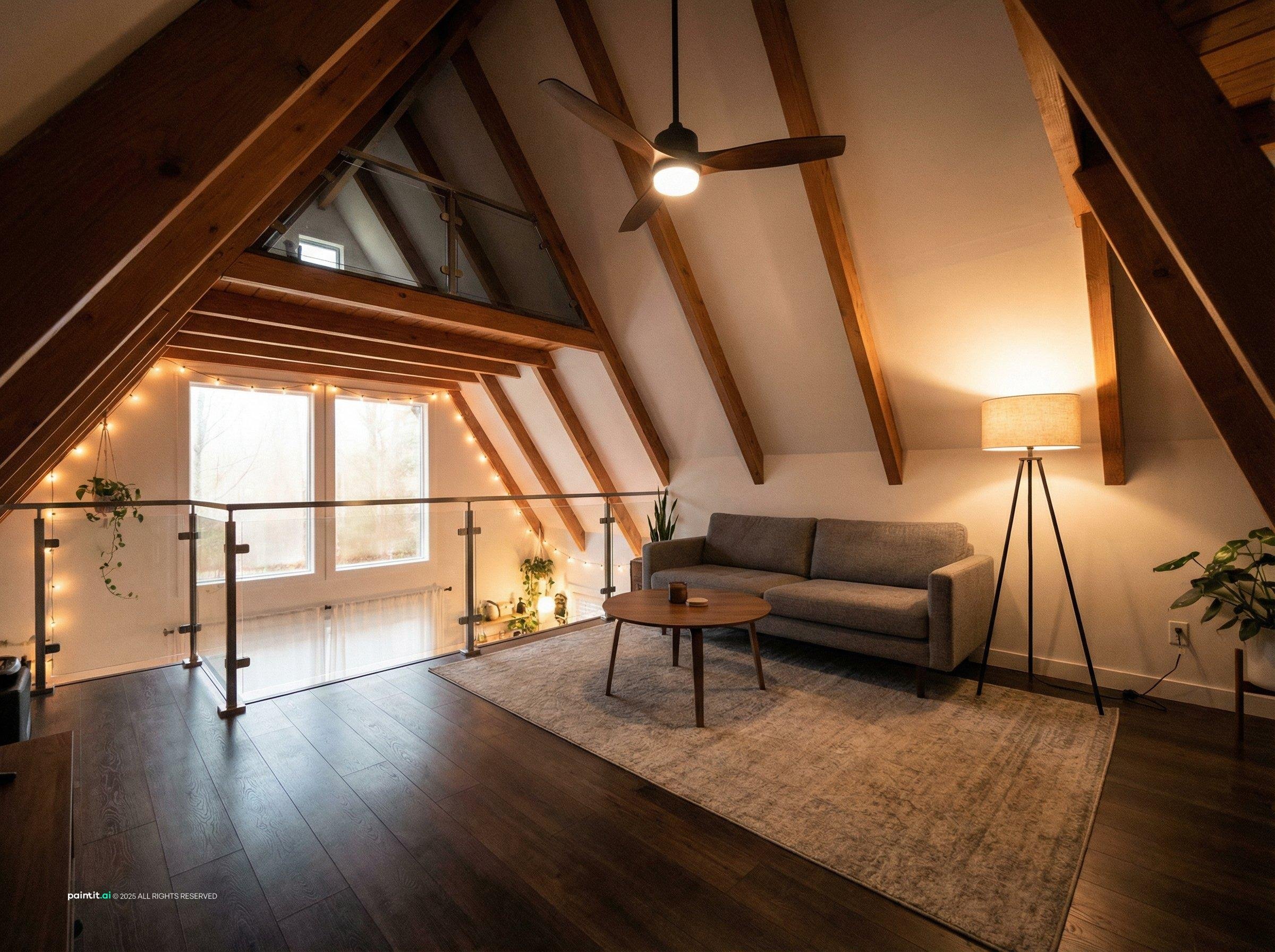 A-frame loft living room with a pitched wood ceiling, a glass balustrade and a sofa facing the gable window