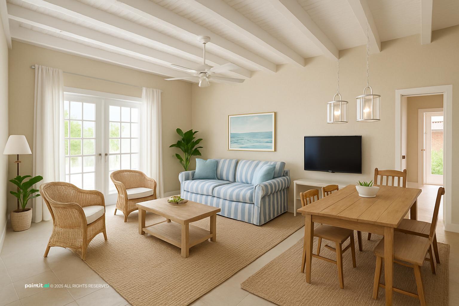 Old Florida style living and dining room with wicker chairs, a striped sofa, white beams and a wooden table