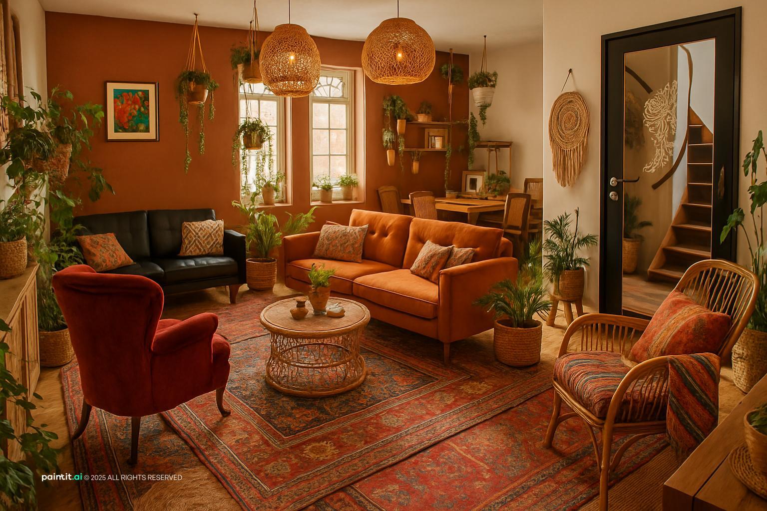 Small vintage living room with a red velvet armchair, an orange sofa, wood furniture and a patterned rug
