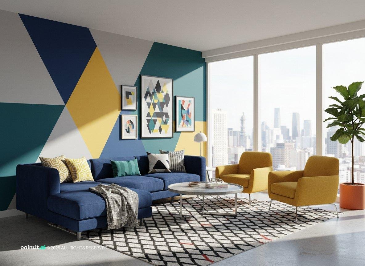 Yellow and Turquoise Living Room - Design Ideas | Paintit.ai - 9
