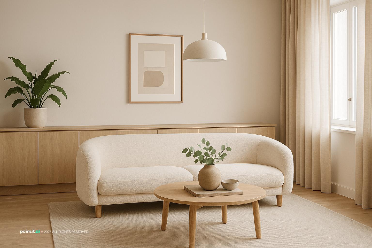 Ultra-photorealistic minimalist Scandinavian wine red living room with soft beige and warm neutral tones.
