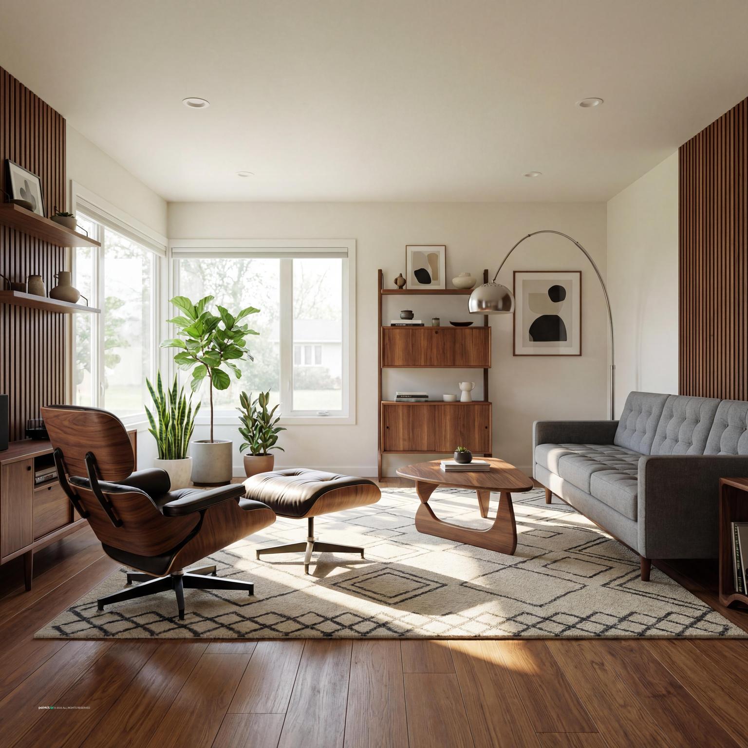 Stunning 70s inspired living room featuring mid-century modern furniture, warm earthy tones, and retro decor elements.