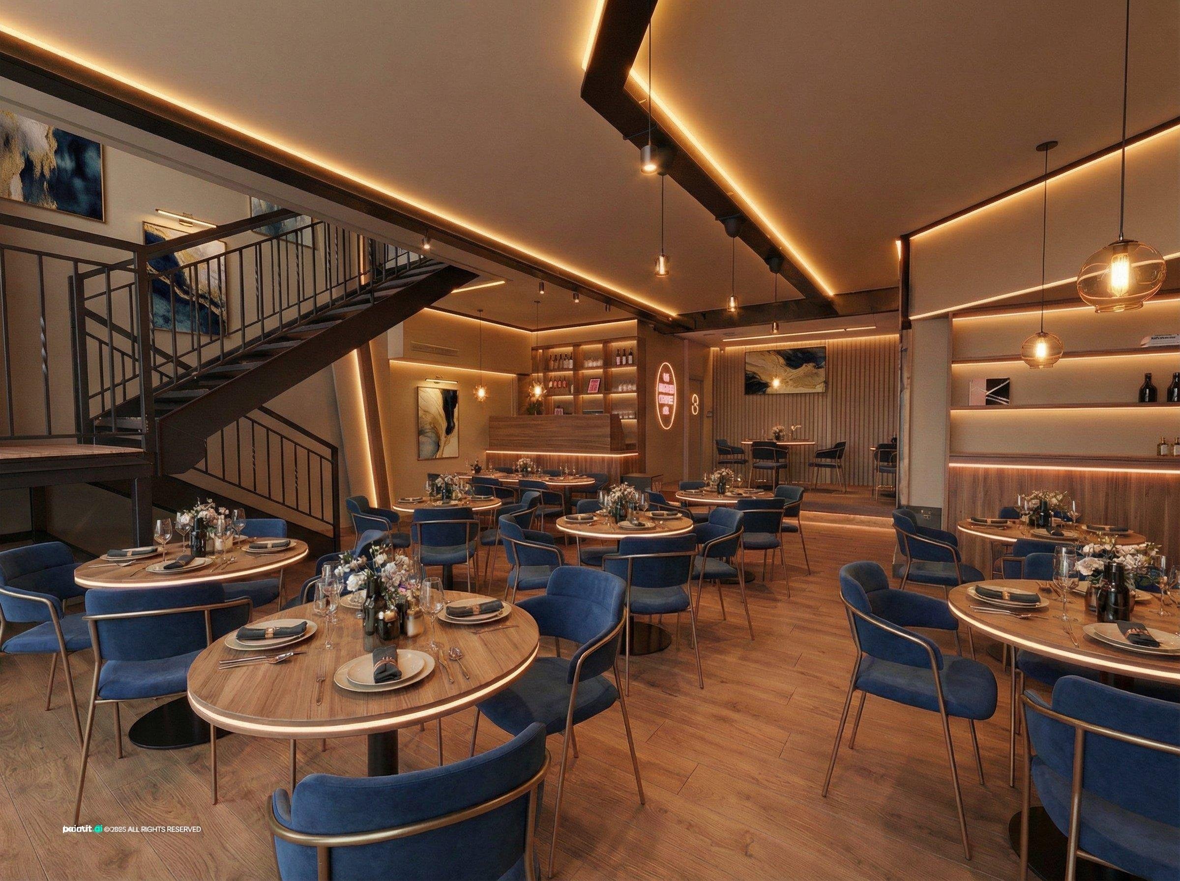 Restaurant with round wooden tables, blue upholstered chairs, cove lighting in the ceiling and a staircase