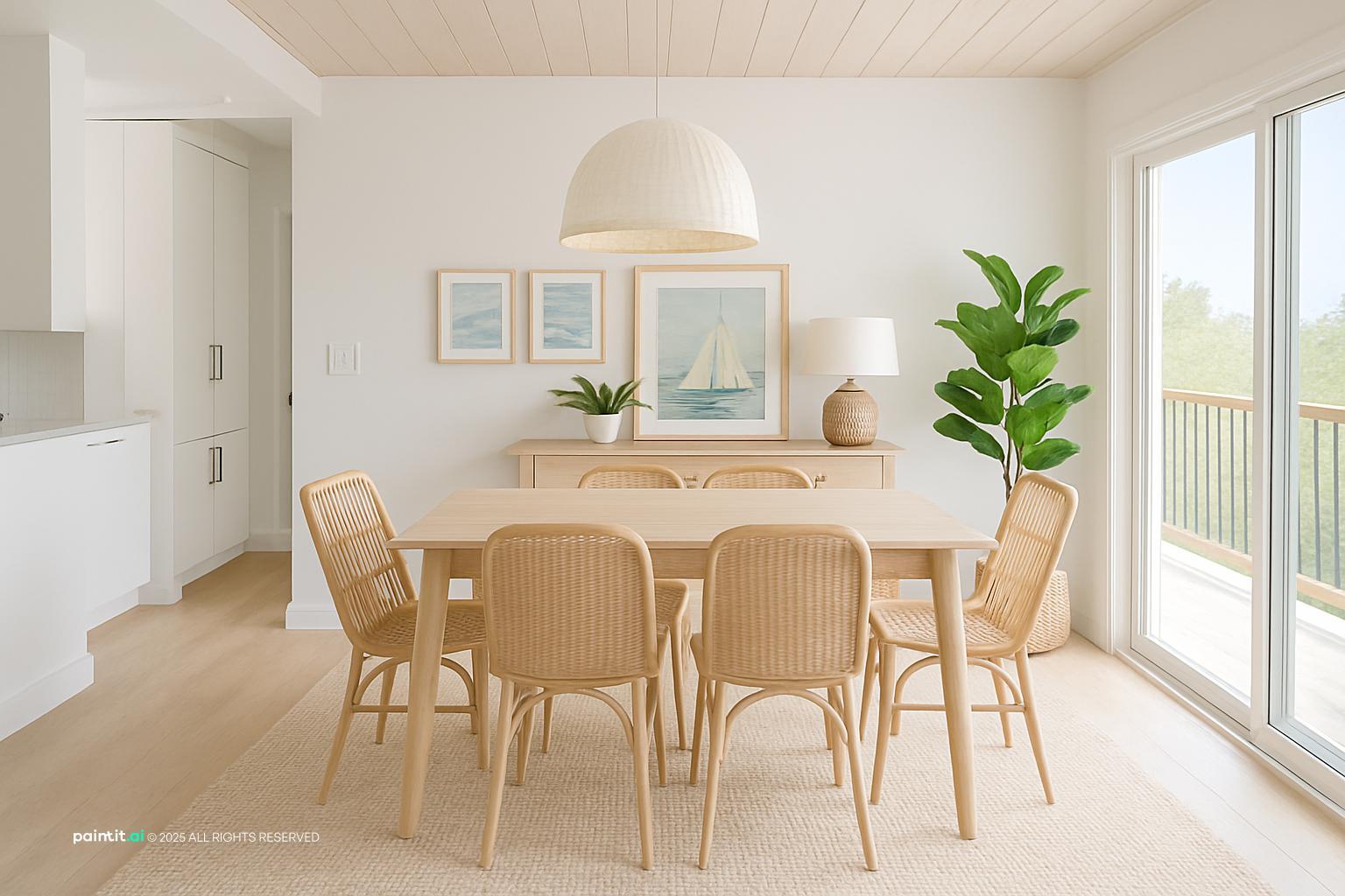 Dining room with a light wood table, woven chairs, a paper pendant and a sea painting