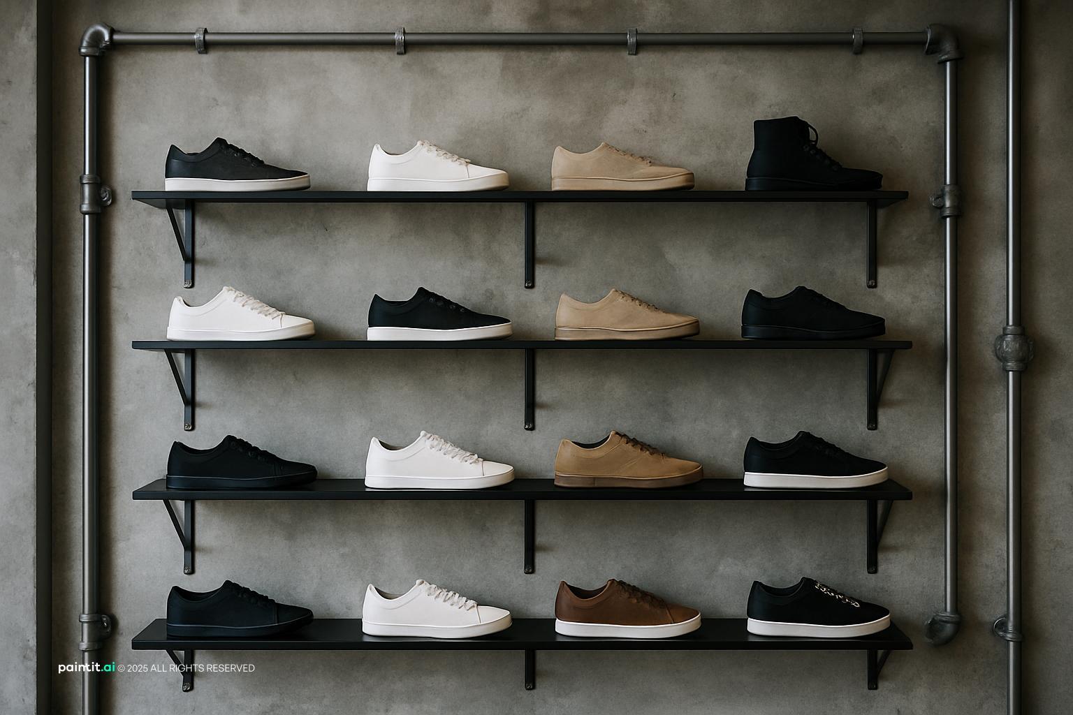 Sneaker display wall with black metal pipe shelves against a concrete wall