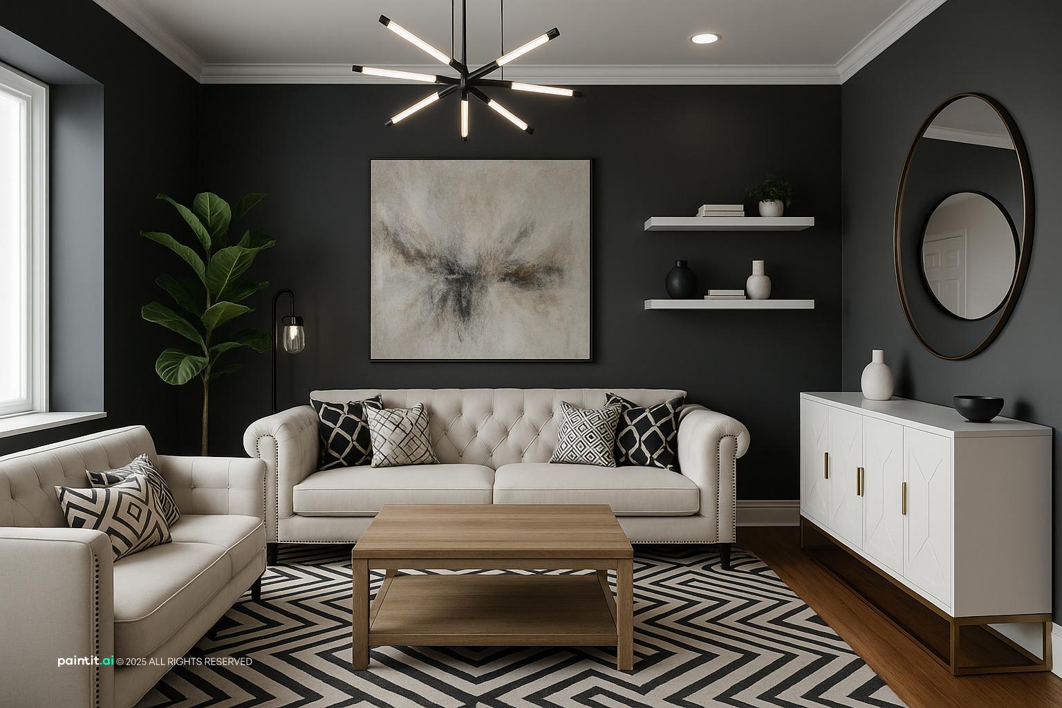 Living room with a black accent wall, a white tufted sofa, a round mirror and a geometric rug