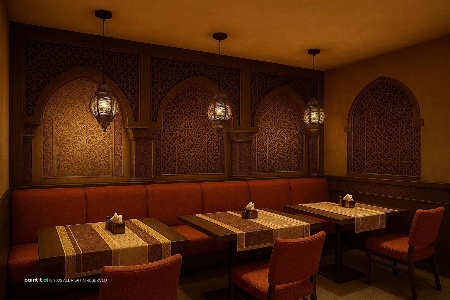 Restaurant with booths set into carved arches, lantern lighting and warm orange upholstery