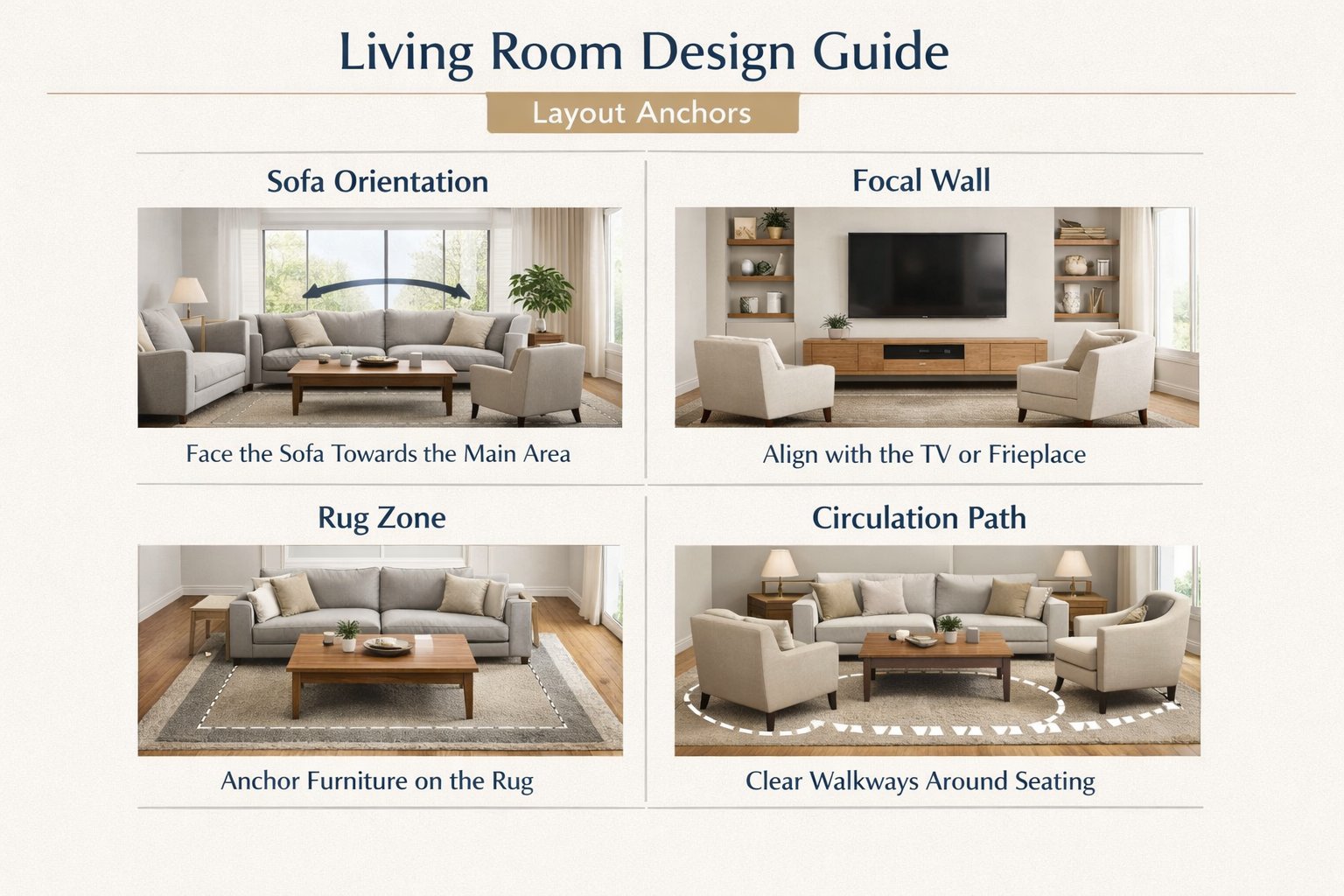 Educational living room diagram showing sofa orientation, focal wall, rug zone, and circulation path