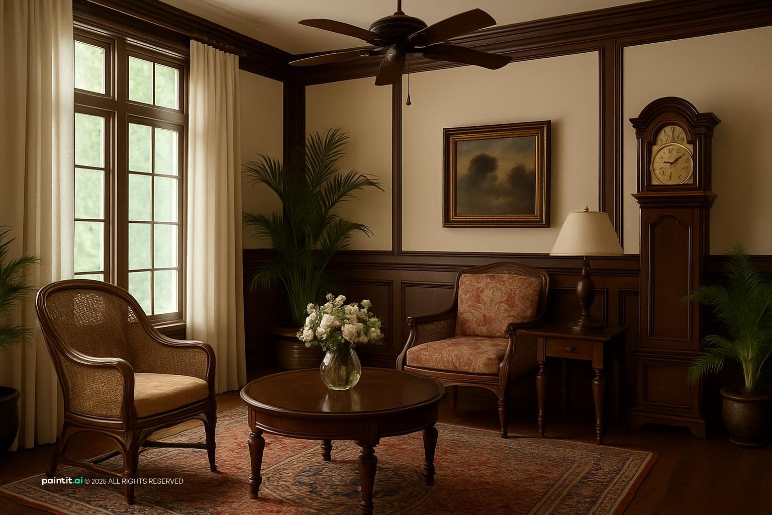 Colonial-style living room with dark wood furniture, a ceiling fan, a grandfather clock and framed art