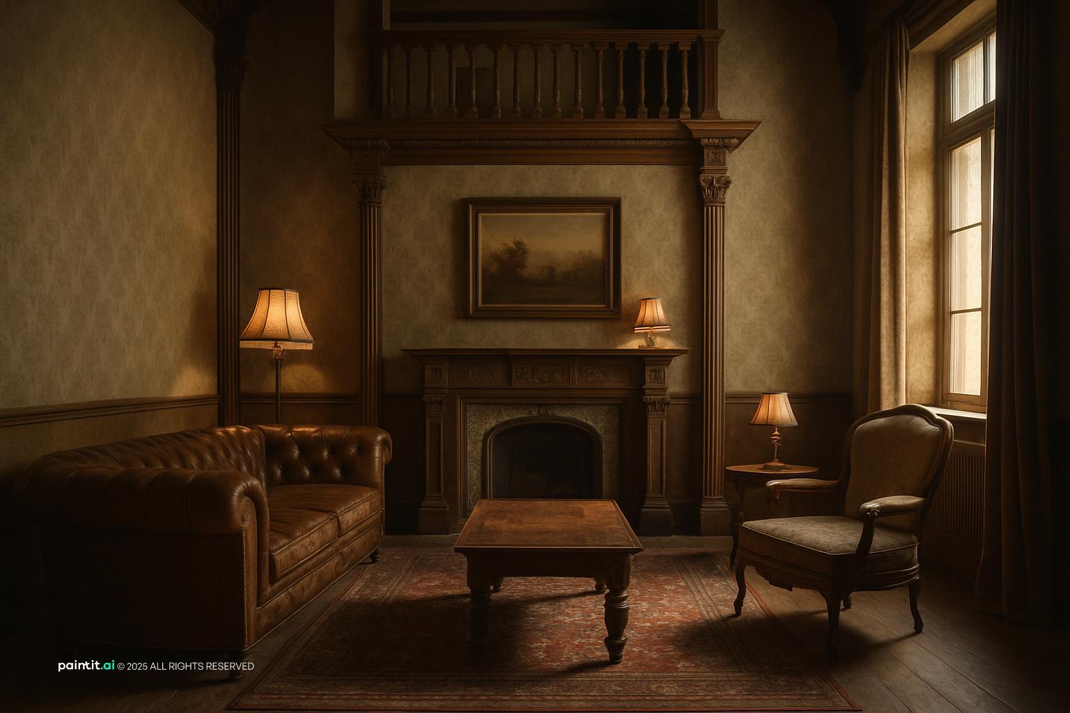 Victorian-style living room with a brown leather sofa, wallpaper and a carved fireplace