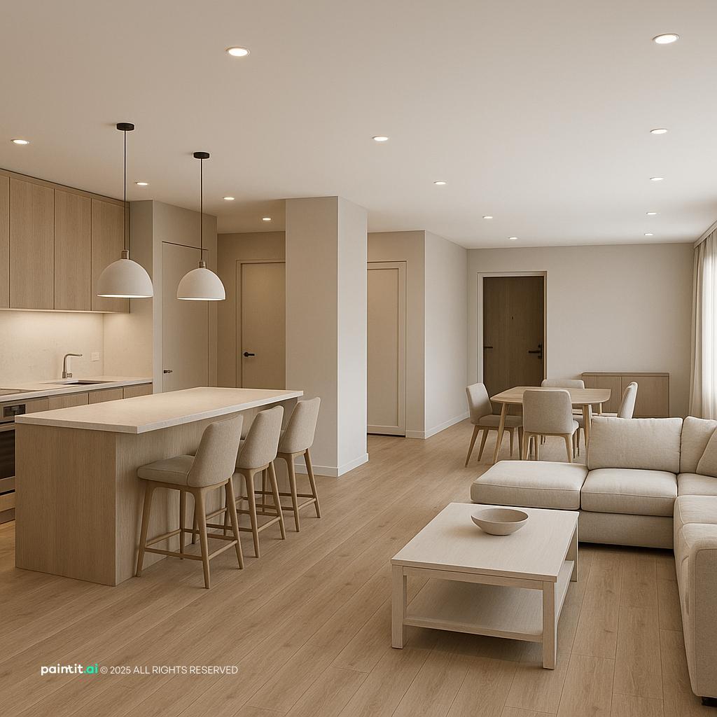 Stylish open-plan kitchen and living room design, featuring smart zoning and cohesive decor for modern long living room ideas.