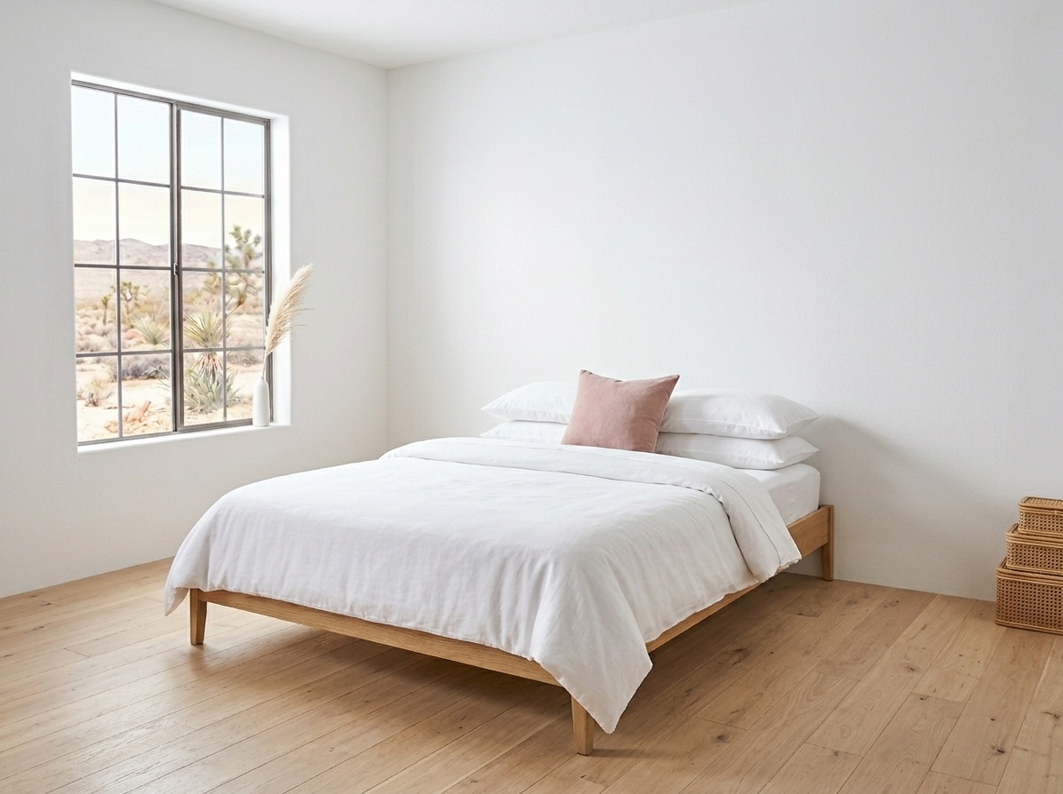 Minimalist white boho bedroom with light oak bed, single dusty pink pillow,  flooded with natural daylight and abundant negative space