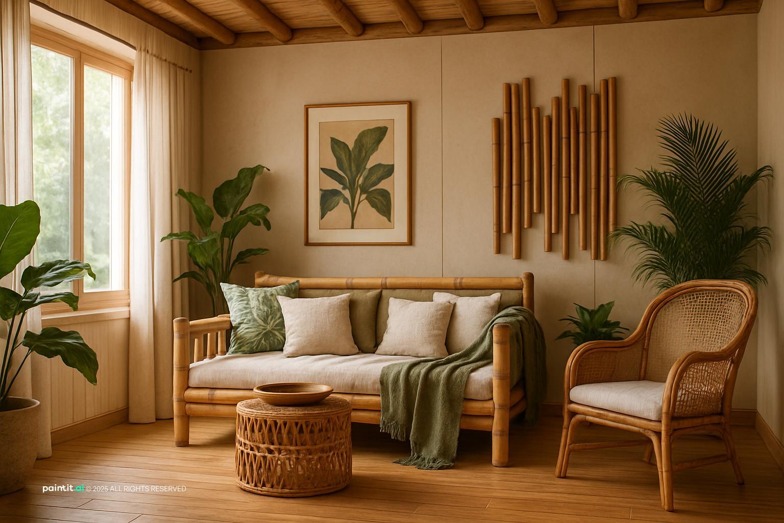 Hawaiian-inspired room with bamboo, rattan, and natural green palette