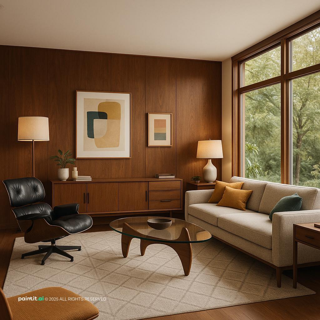 Mid-Century Modern Living Room Design with walnut accents, a cozy space for an integrated living room library.