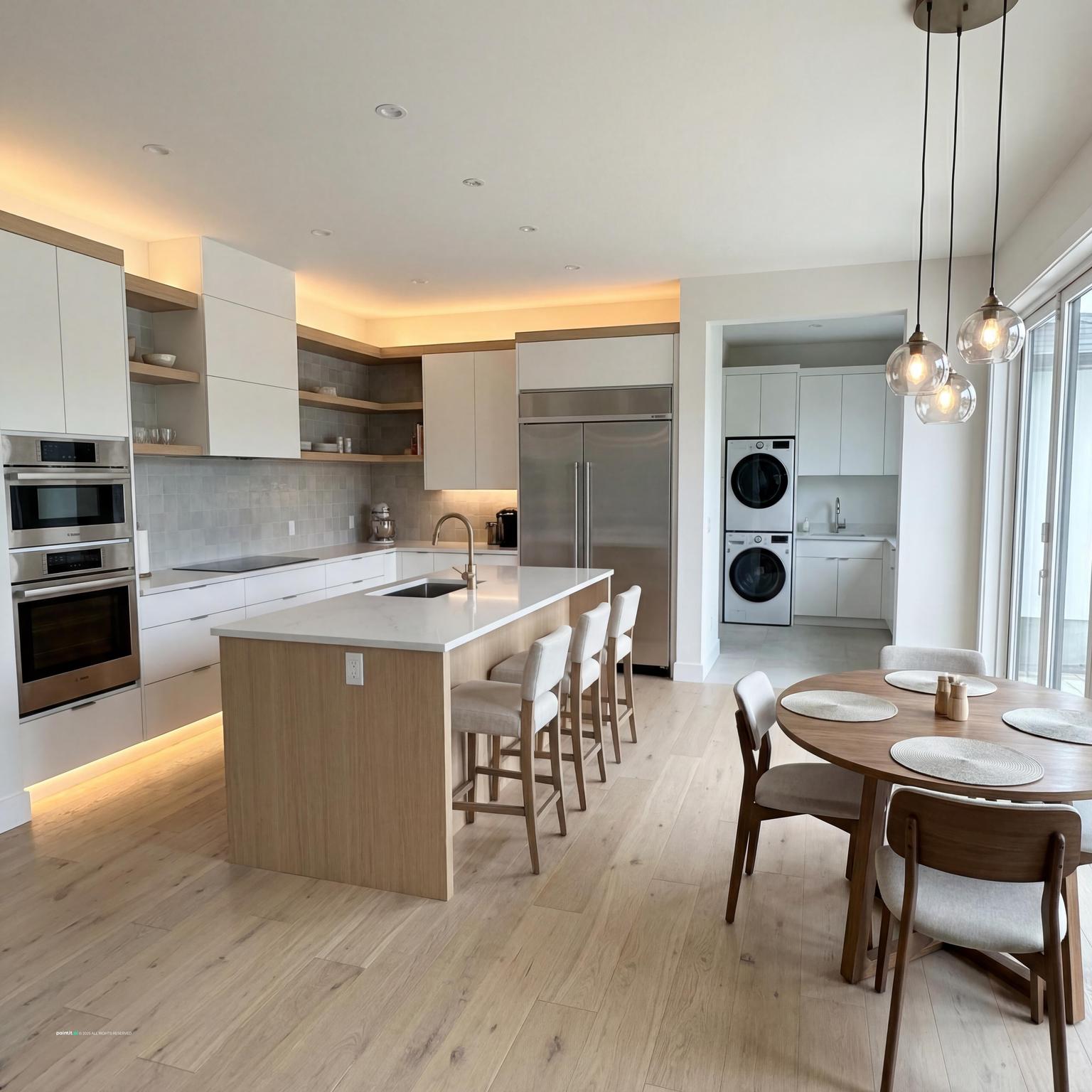 Open-plan kitchen and dining area with white cabinets, pendant lights over the table and warm under-cabinet lighting