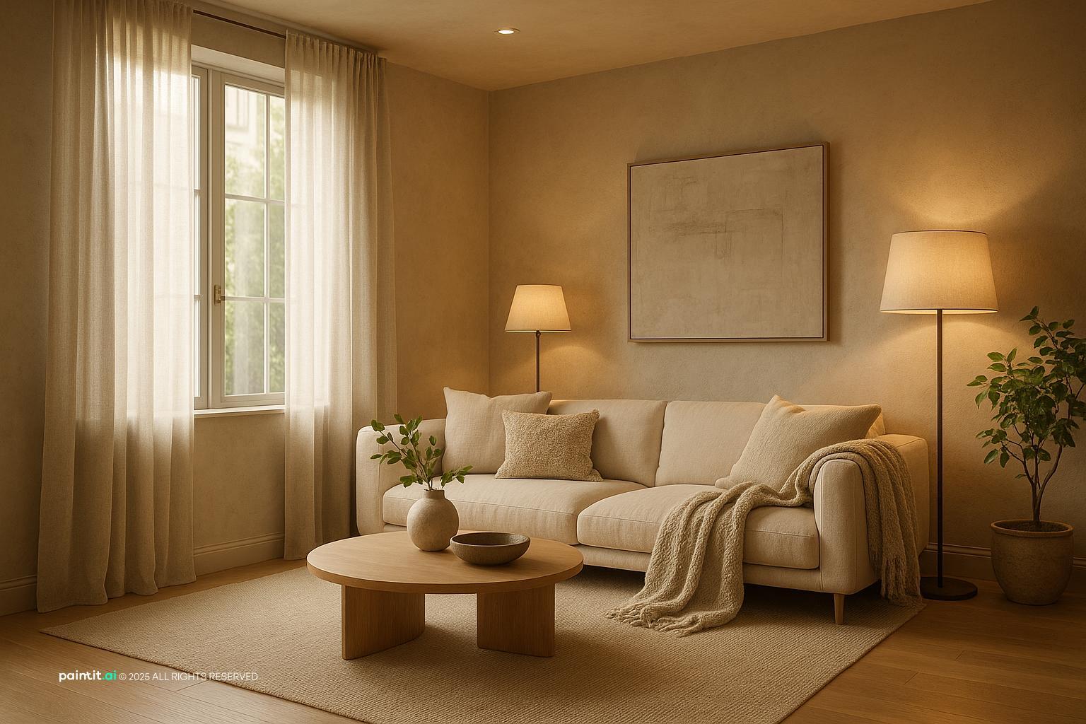 Cozy Modern Living Room Design showing soft textiles, plants and greenery, layered neutrals for Living Room Trends 2026.
