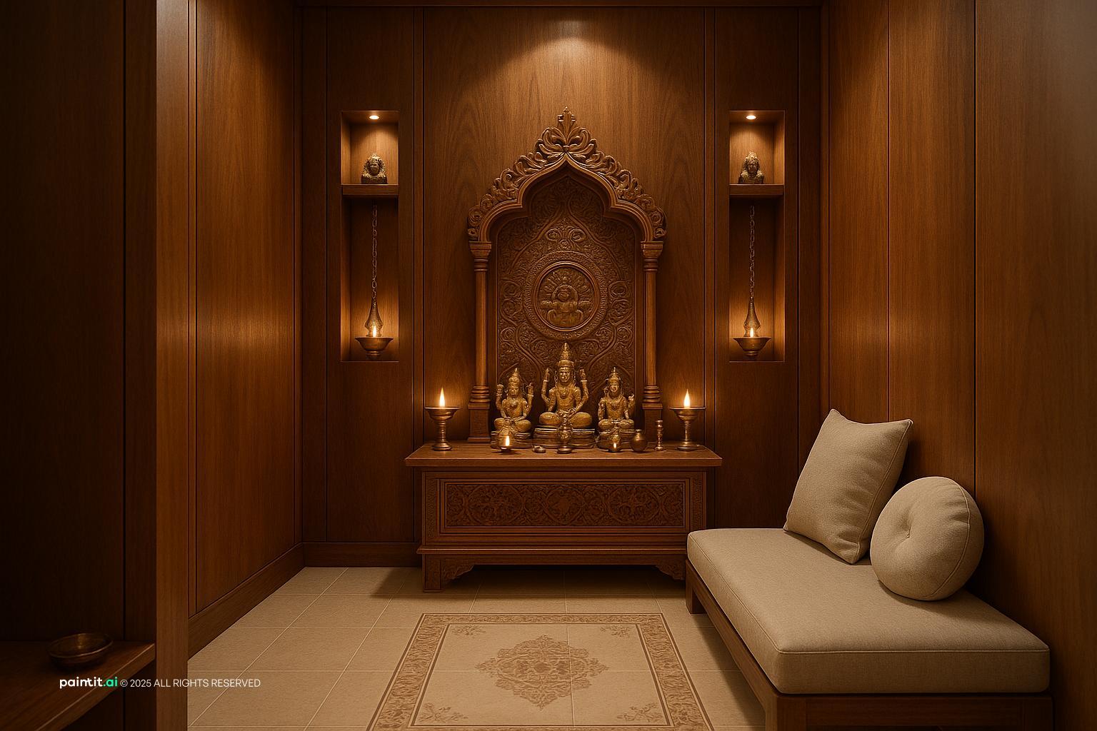 Pooja Room with geometric patterns and wood accents